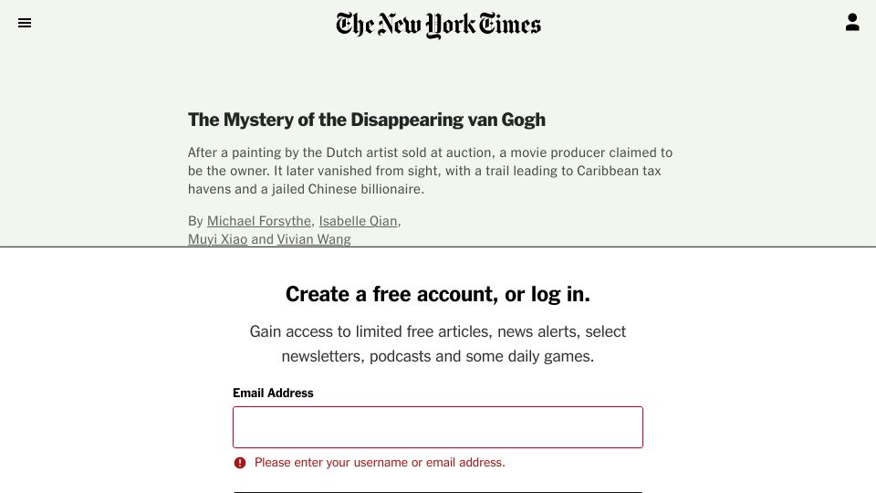 Screenshot of nytimes.com: The Mystery of the Disappearing van Gogh