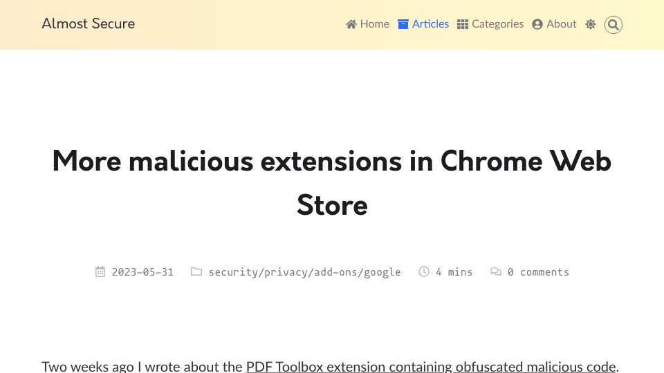 Screenshot of palant.info: More malicious extensions in Chrome Web Store