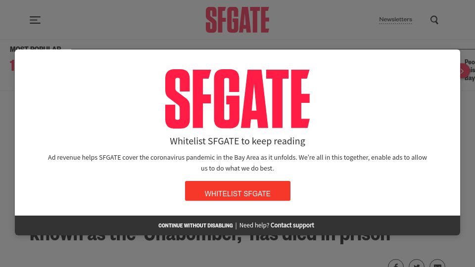 Screenshot of sfgate.com: Ted Kaczynski Has Died