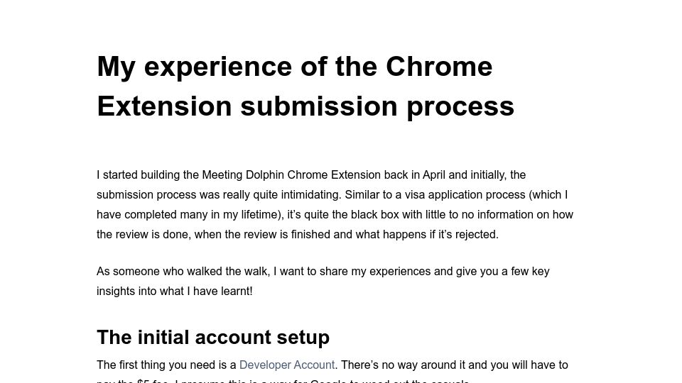 Screenshot of meetingdolphin.com: My experience of the Chrome Extension submission process
