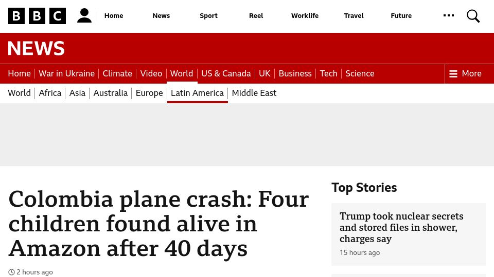 Screenshot of bbc.com: Four children found alive in Amazon 40 days after plane crash