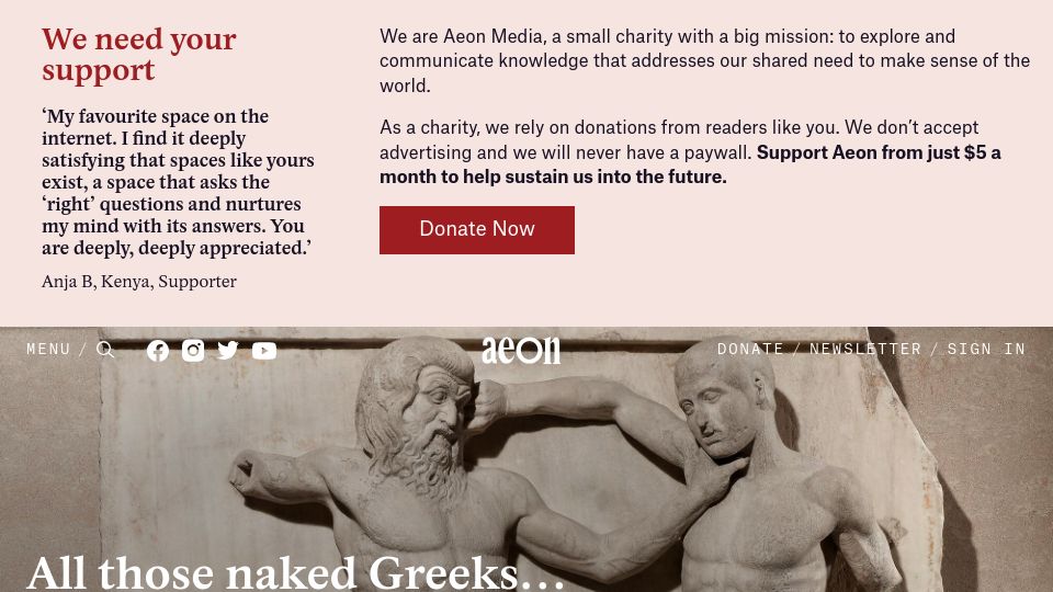 Screenshot of aeon.co: All Those Naked Greeks