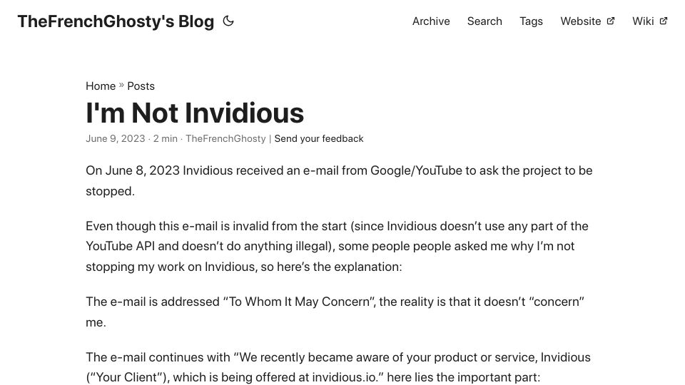 Screenshot of blog.thefrenchghosty.me: I'm Not Invidious