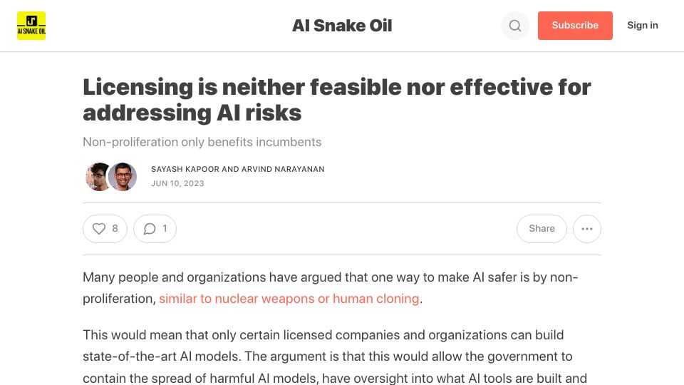 Screenshot of aisnakeoil.substack.com: Licensing is neither feasible nor effective for addressing AI risks