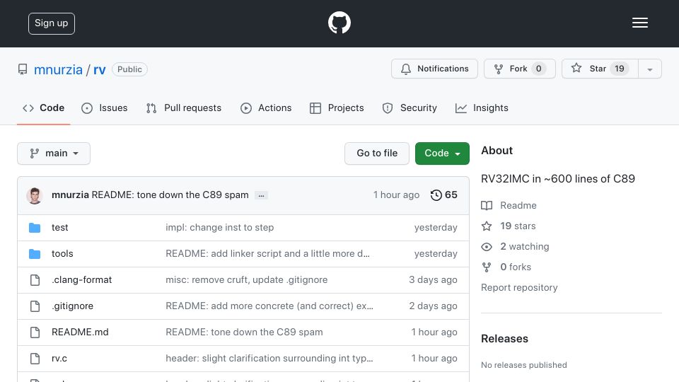 Screenshot of github.com: Show HN: RISC-V core written in 600 lines of C89
