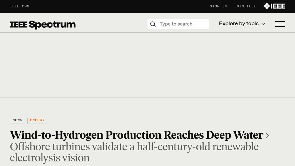 Screenshot of spectrum.ieee.org: Wind-to-hydrogen production reaches deep water