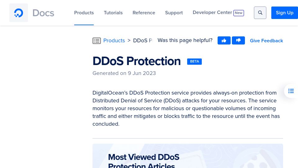 Screenshot of docs.digitalocean.com: DDoS Protection