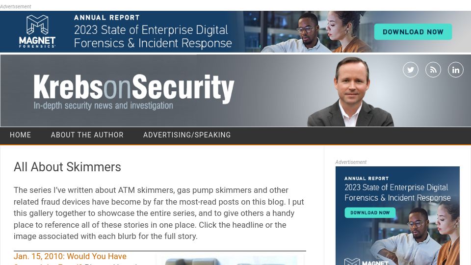 Screenshot of krebsonsecurity.com: All About Skimmers