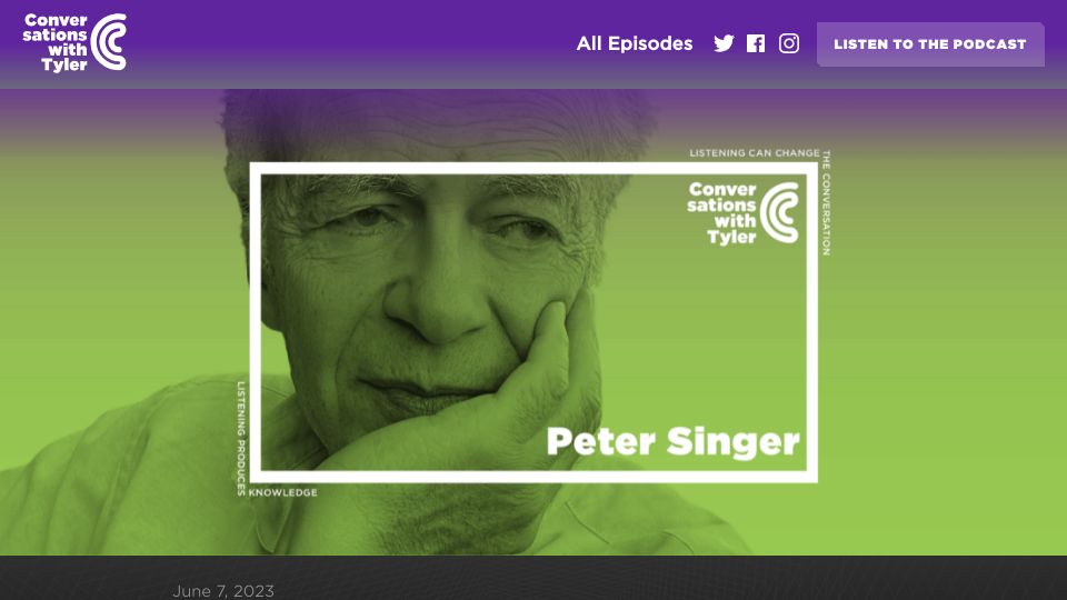 Screenshot of conversationswithtyler.com: Peter Singer on utilitarianism, influence, and controversial ideas