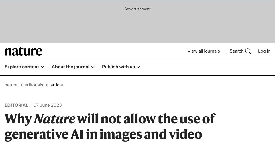 Screenshot of nature.com: Why Nature will not allow the use of generative AI in images and video