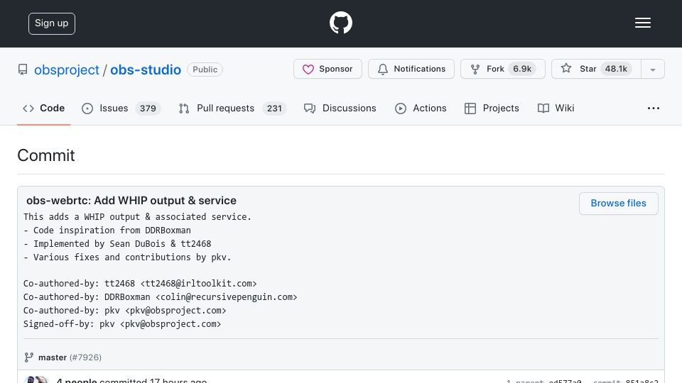 Screenshot of github.com: OBS merges WebRTC support