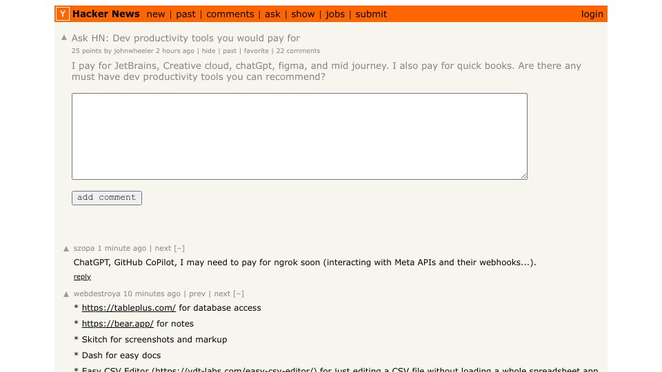 Screenshot of Hacker News post: Ask HN: Dev productivity tools you would pay for