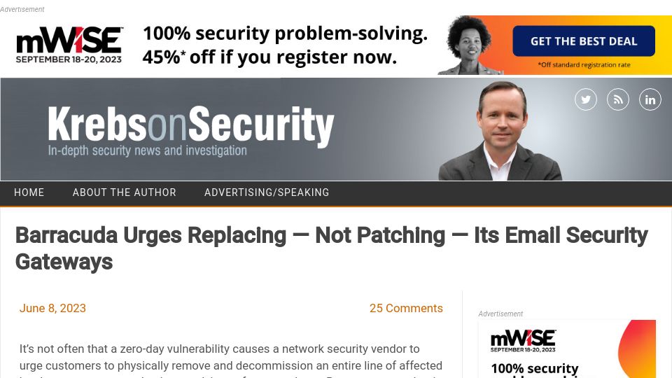 Screenshot of krebsonsecurity.com: Barracuda urges replacing, not patching, its email security gateways