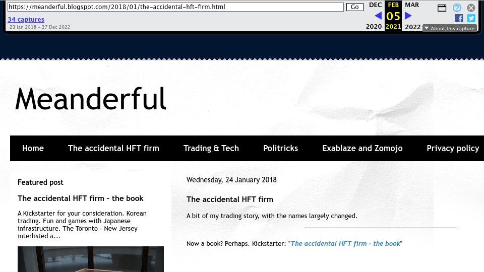 Screenshot of web.archive.org: The Accidental HFT Firm (2018)