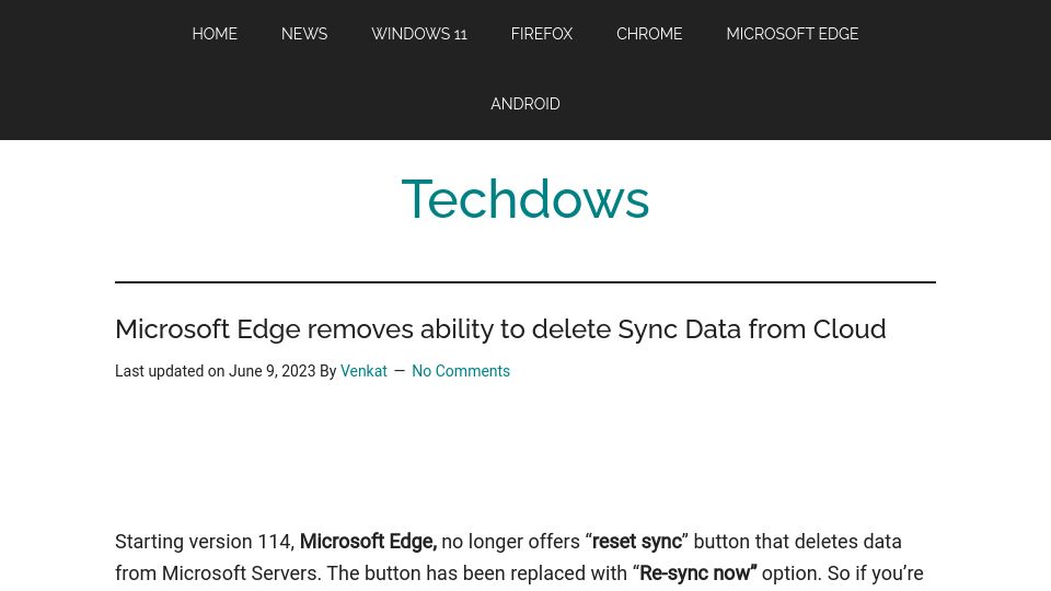 Screenshot of techdows.com: Microsoft Edge removes ability to delete Sync Data from Cloud