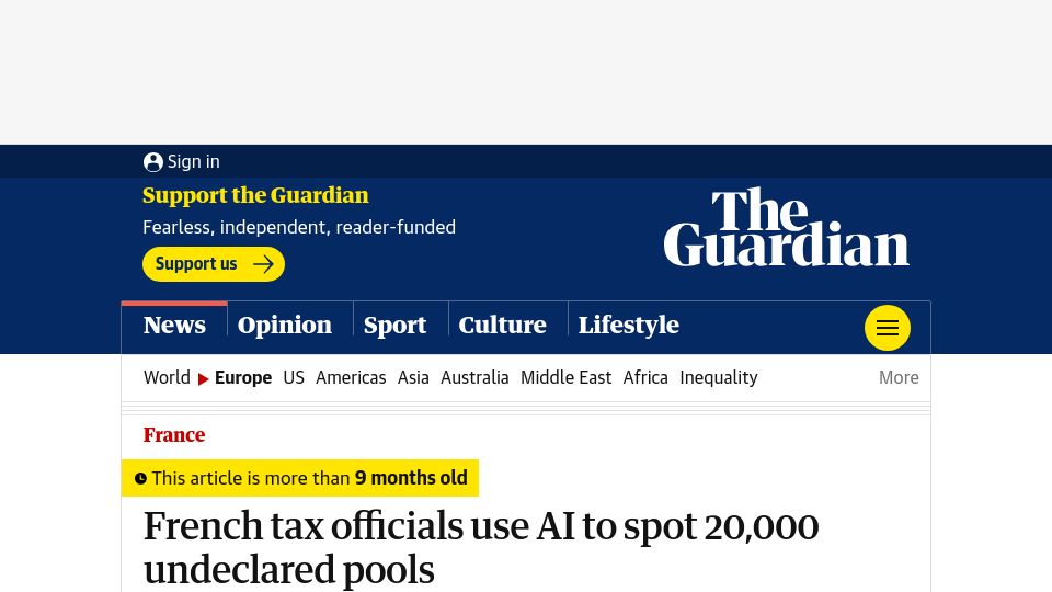 Screenshot of theguardian.com: French tax officials use AI to spot 20k undeclared pools (2022)