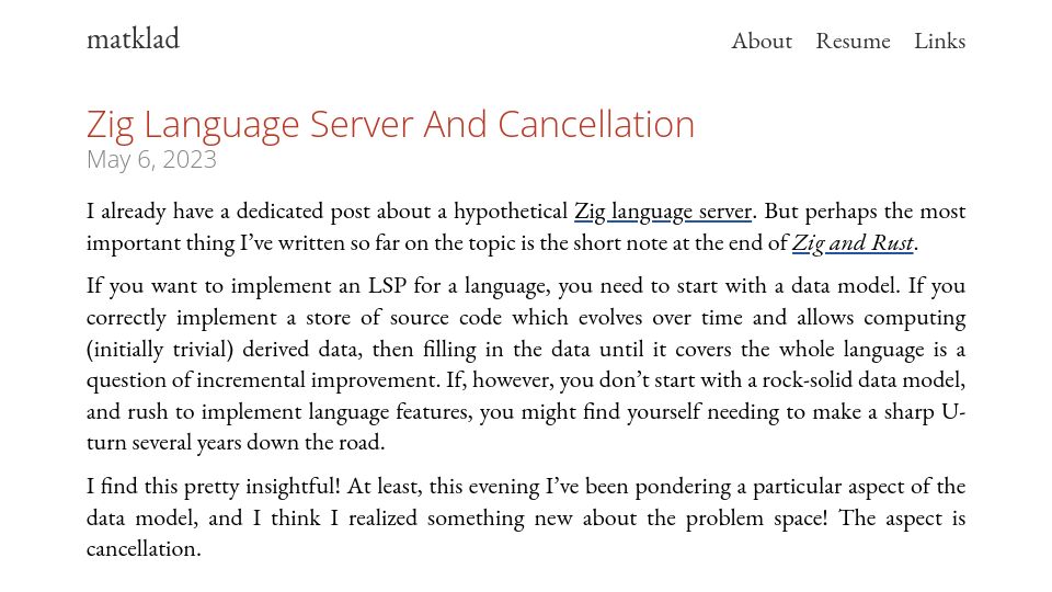 Screenshot of matklad.github.io: Zig language server and cancellation