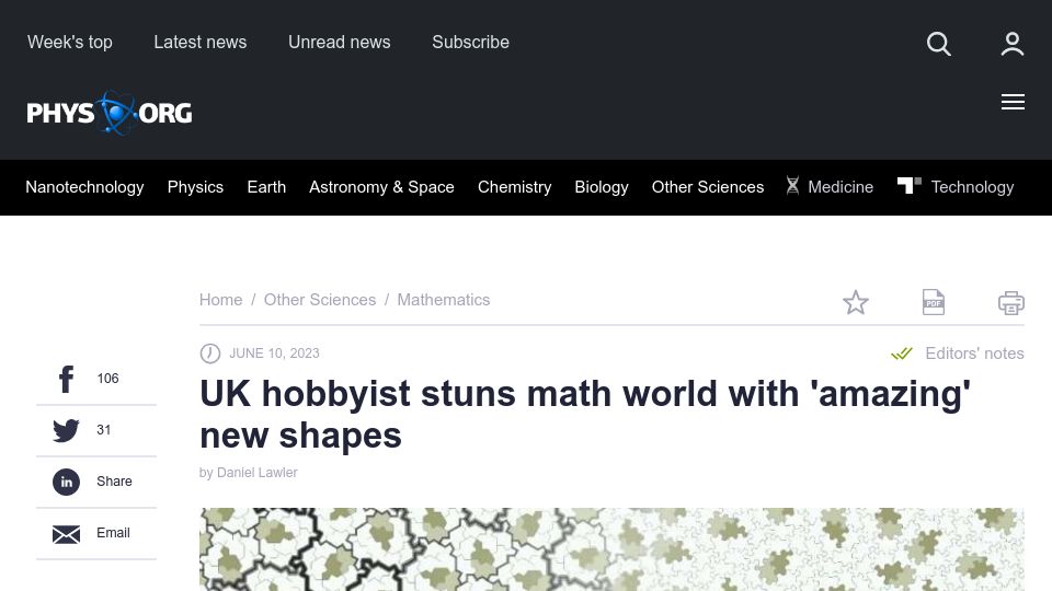 Screenshot of phys.org: UK hobbyist stuns math world with 'amazing' new shapes