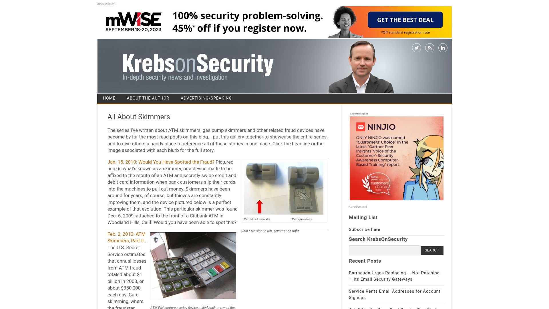 Screenshot of krebsonsecurity.com: All About Skimmers