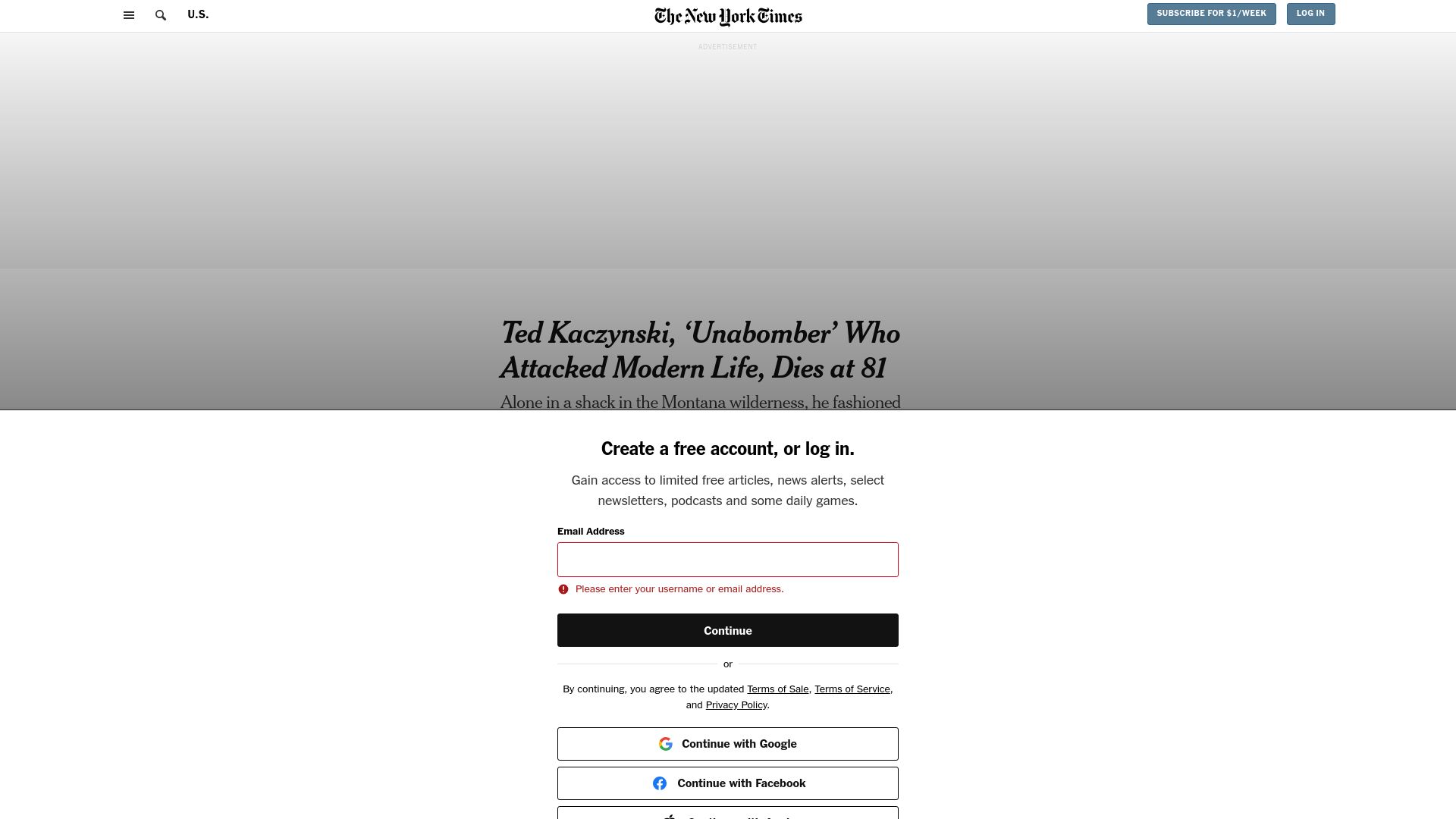 Screenshot of nytimes.com: Ted Kaczynski has died
