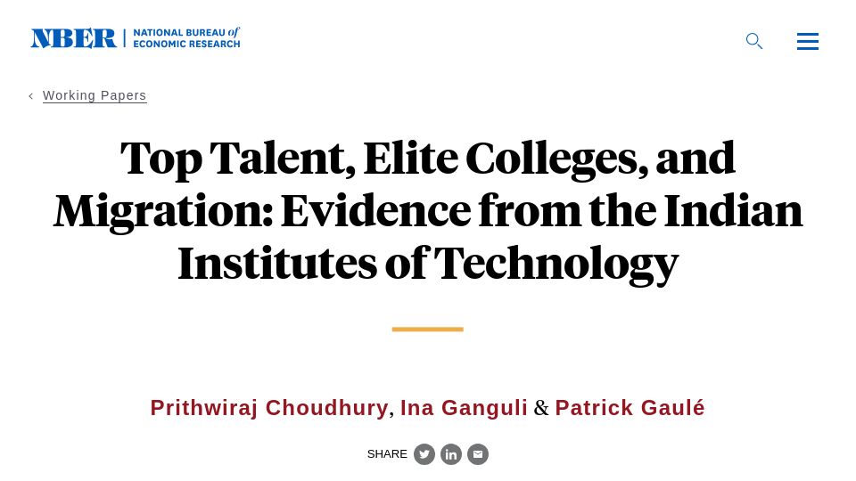 Screenshot of nber.org: Top Talent, Elite Colleges, and Migration: The IITs