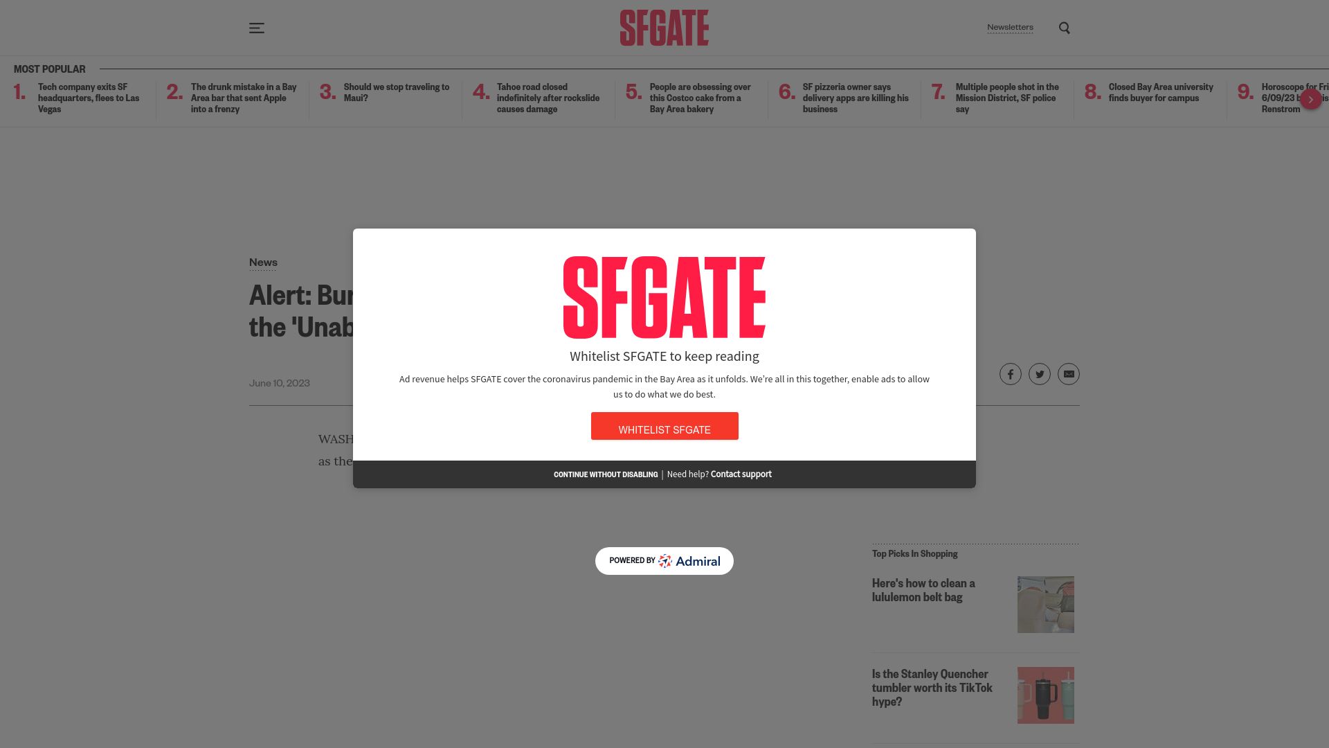 Screenshot of sfgate.com: Ted Kaczynski Has Died