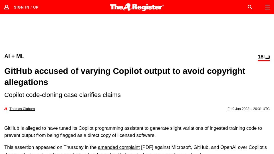 Screenshot of theregister.com: GitHub accused of varying Copilot output to avoid copyright allegations