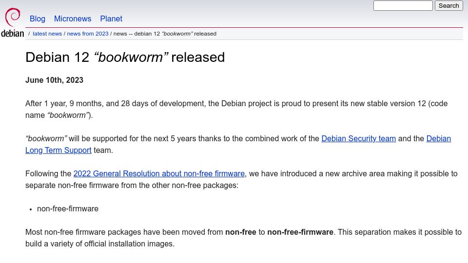 Screenshot of debian.org: Debian 12 “Bookworm”