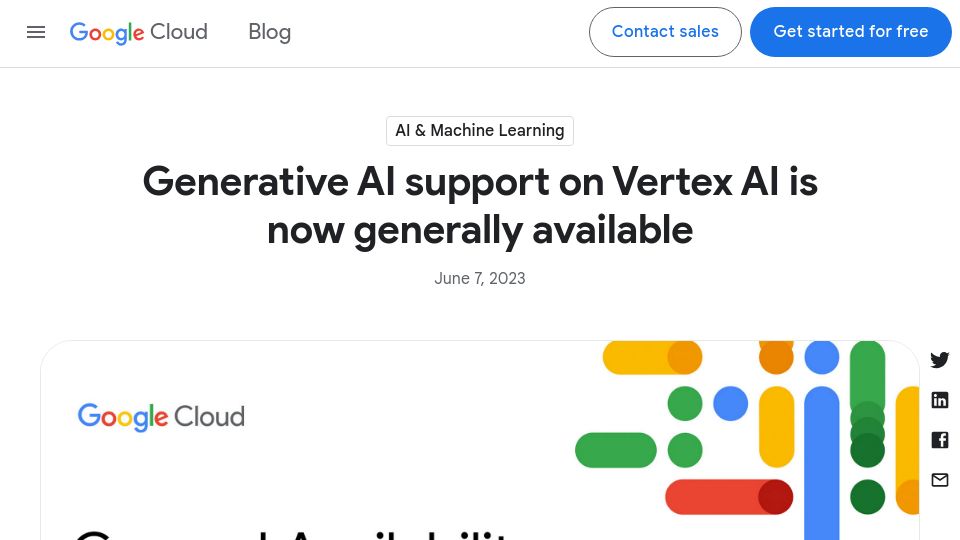 Screenshot of cloud.google.com: Generative AI support on Vertex AI is now generally available