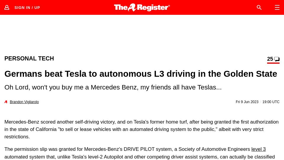 Screenshot of theregister.com: Mercedes beats Tesla to autonomous driving in California