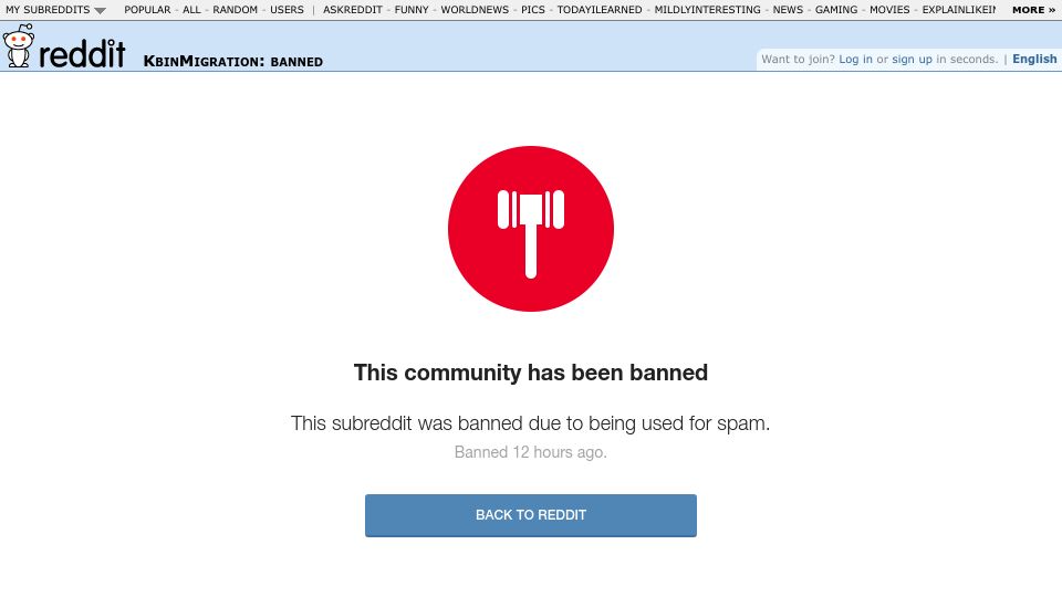 Screenshot of old.reddit.com: Reddit bans subreddit detailing how to move to competitor Kbin