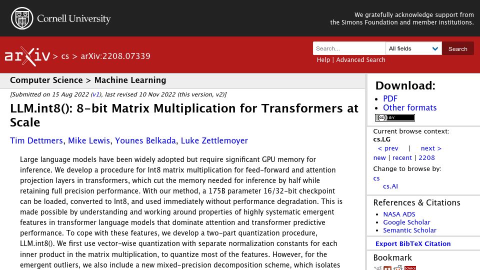 Screenshot of arxiv.org: LLM.int8(): 8-Bit Matrix Multiplication for Transformers at Scale (2022)