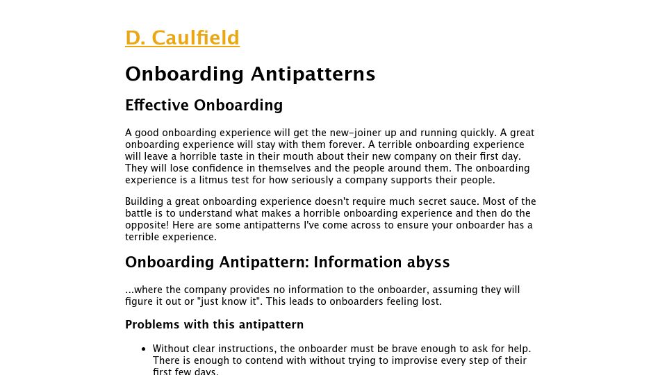 Screenshot of dcaulfield.com: Onboarding Antipatterns
