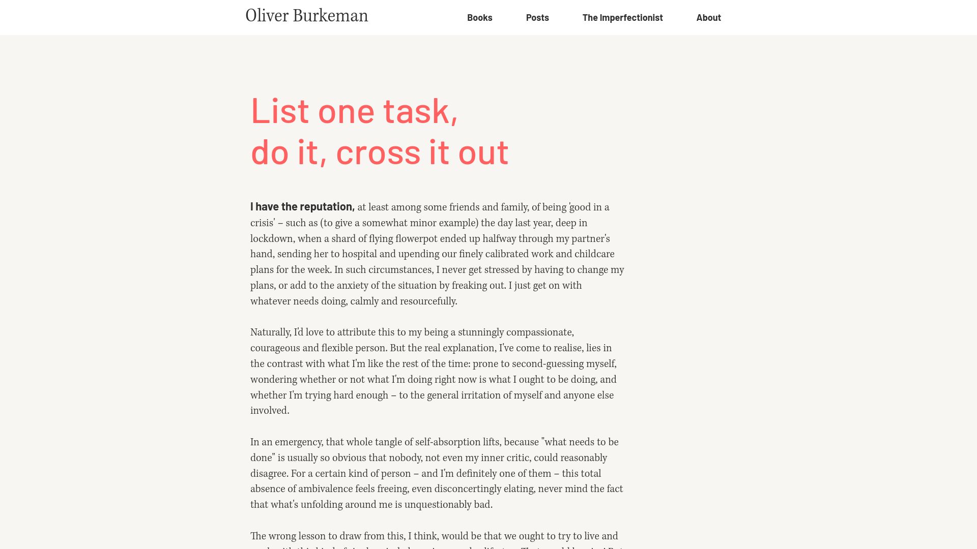 Screenshot of oliverburkeman.com: List one task, do it, cross it out