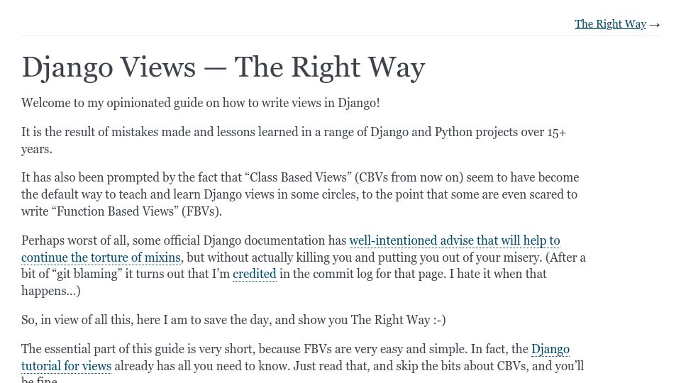 Screenshot of spookylukey.github.io: Django Views – The Right Way