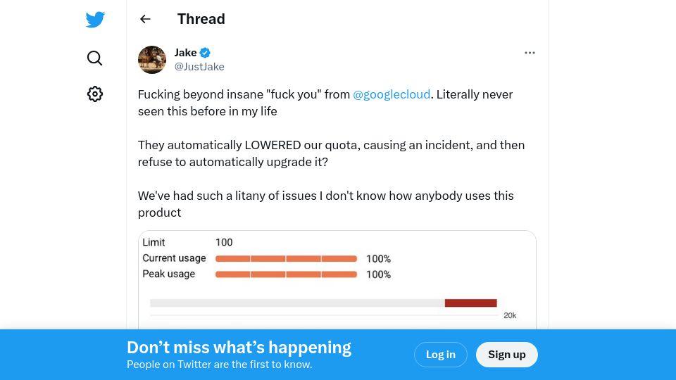 Screenshot of twitter.com: GCP automatically lowered our quota, caused an incident, and refused to upgrade