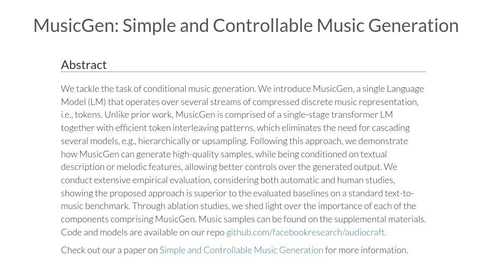 Screenshot of ai.honu.io: MusicGen: Simple and controllable music generation