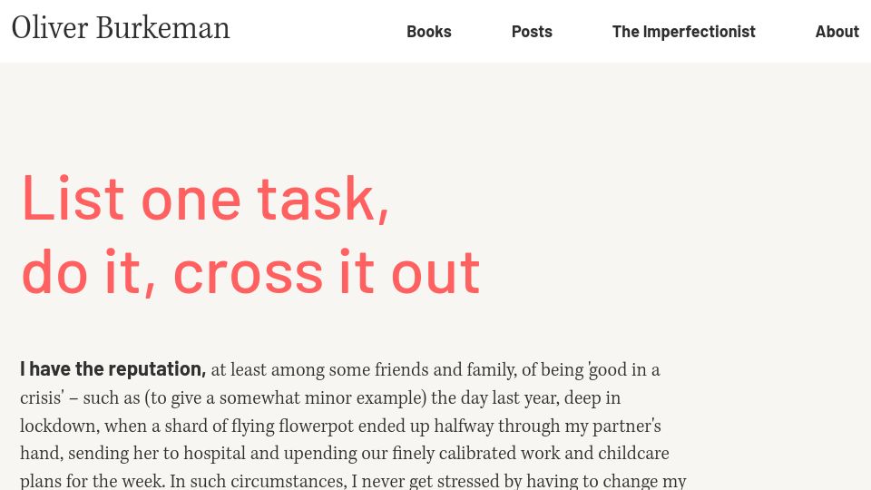 Screenshot of oliverburkeman.com: List one task, do it, cross it out