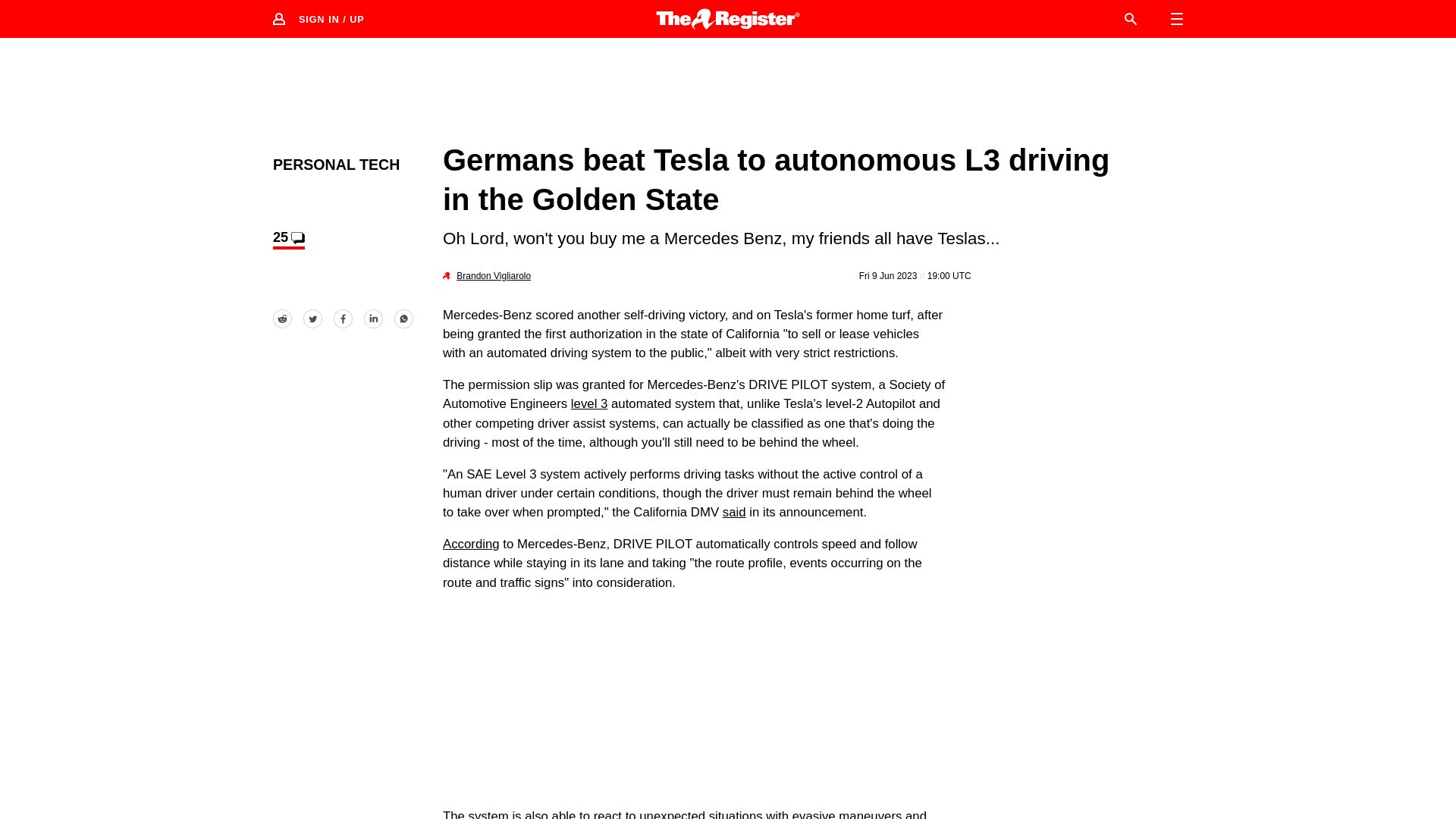 Screenshot of theregister.com: Mercedes beats Tesla to autonomous driving in California