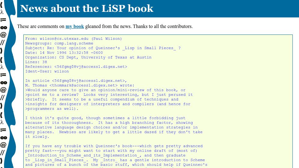 Screenshot of pages.lip6.fr: A comment about Christian Queinnec's book Lisp in Small Pieces (1996)