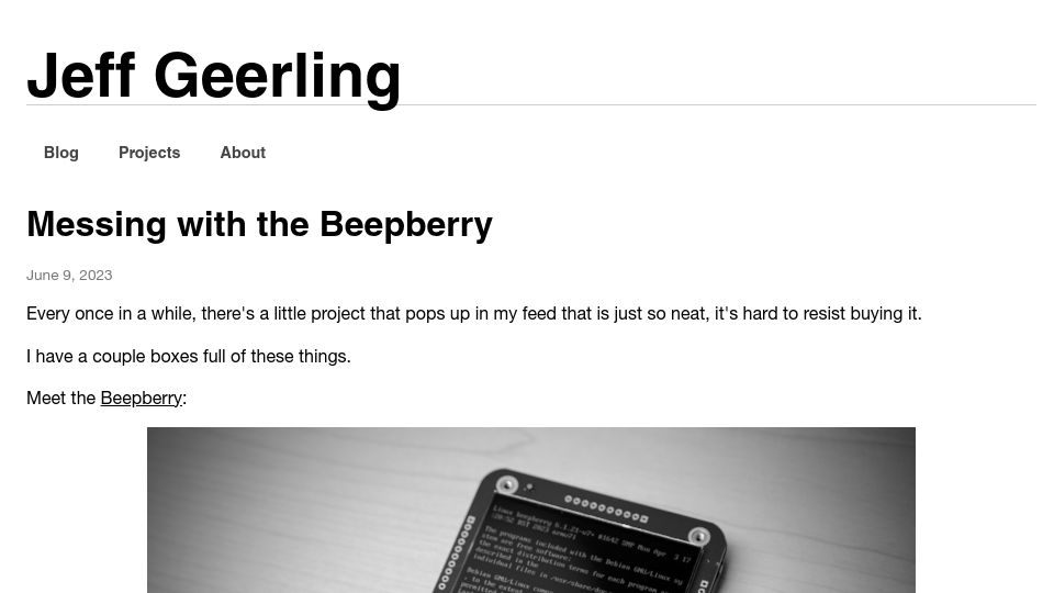 Screenshot of jeffgeerling.com: Messing with the Beepberry