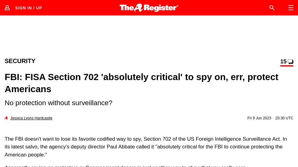 Screenshot of theregister.com: FBI: FISA Section 702 'absolutely critical' to spy on, err, protect Americans