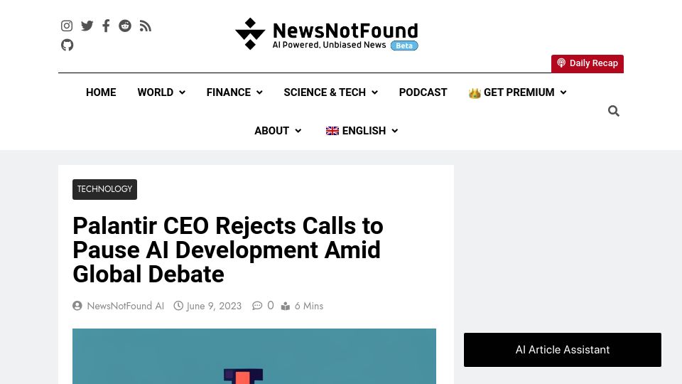 Screenshot of newsnotfound.com: Palantir CEO Rejects Calls to Pause AI Development