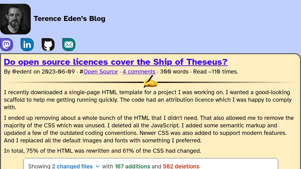Screenshot of shkspr.mobi: Do open source licences cover the Ship of Theseus?