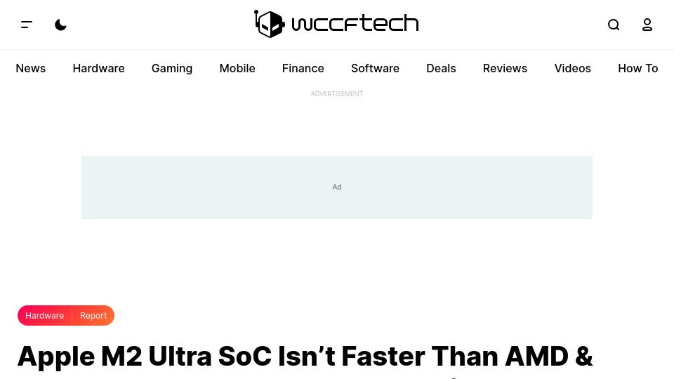 Screenshot of wccftech.com: Apple M2 Ultra SoC isn’t faster than AMD and Intel last year desktop CPUs