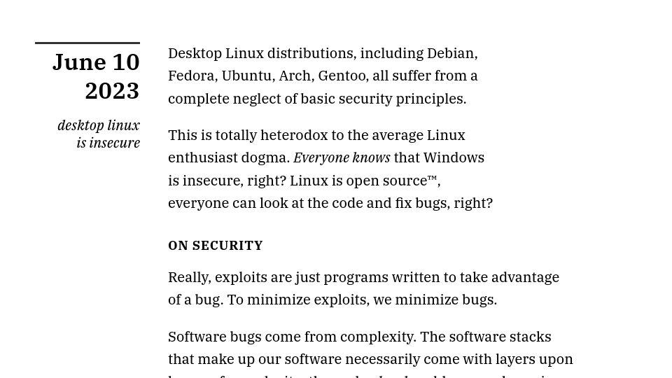 Screenshot of bjornpagen.com: Desktop Linux is insecure