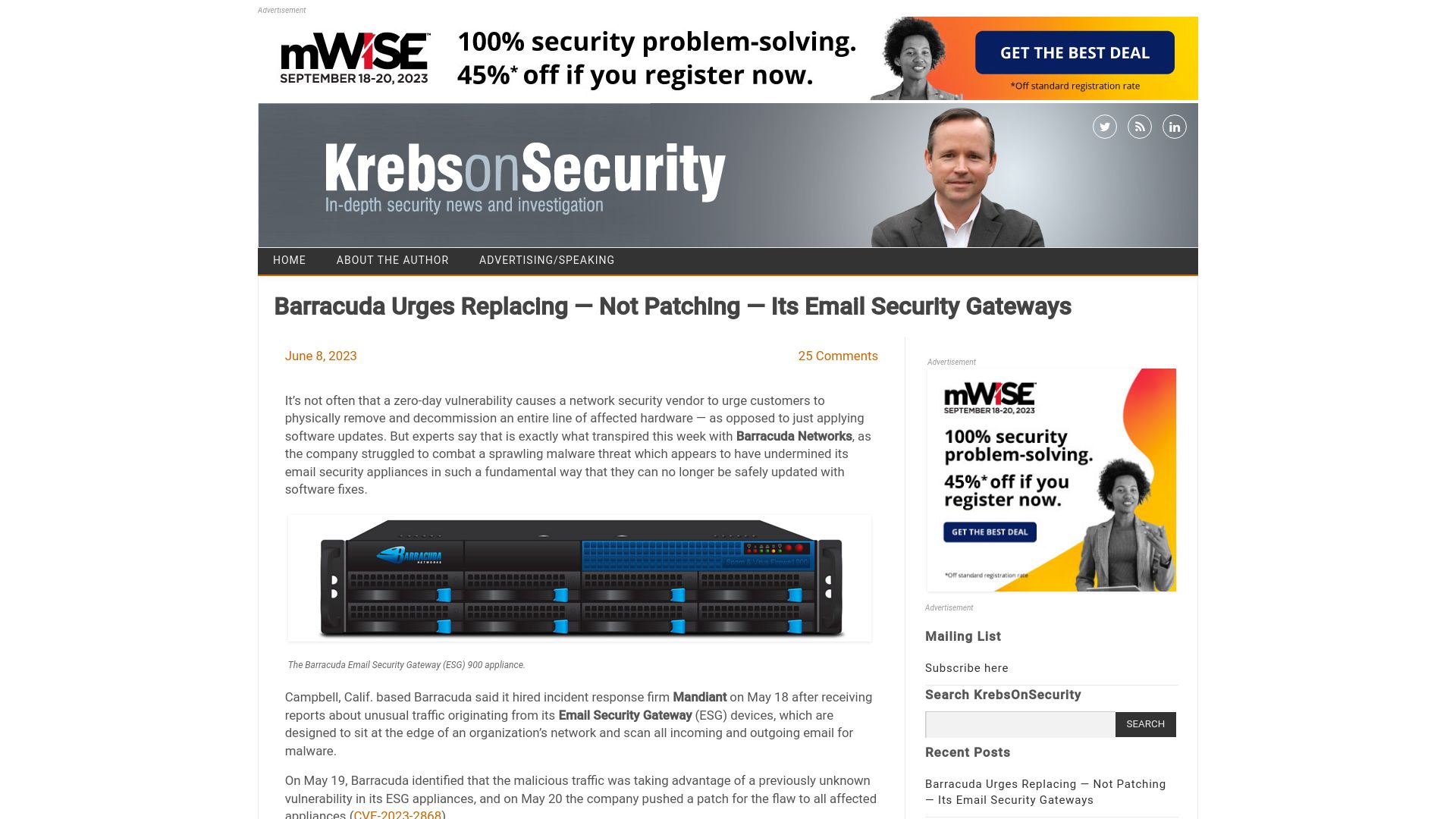 Screenshot of krebsonsecurity.com: Barracuda urges replacing, not patching, its email security gateways