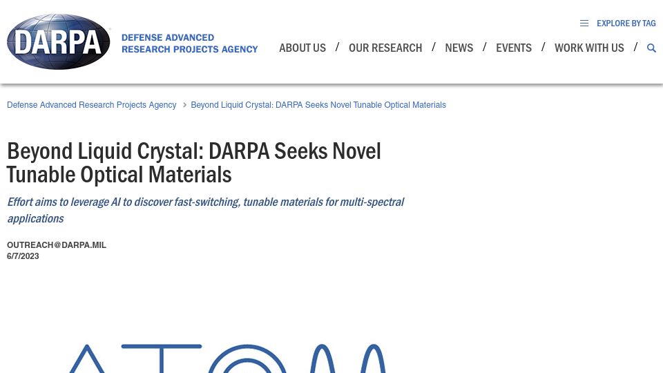 Screenshot of darpa.mil: Beyond Liquid Crystal: DARPA Seeks Novel Tunable Optical Materials