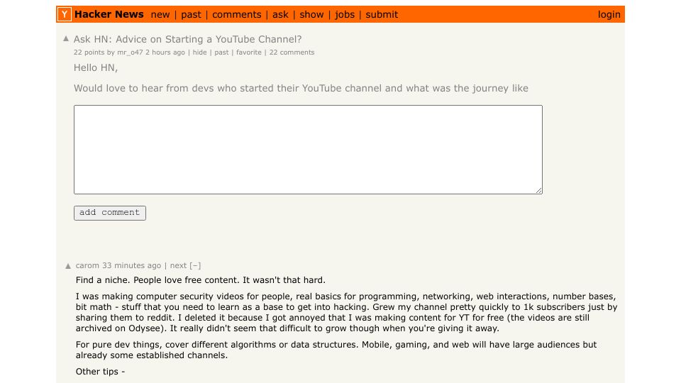 Screenshot of Hacker News post: Ask HN: Advice on starting a YouTube channel?