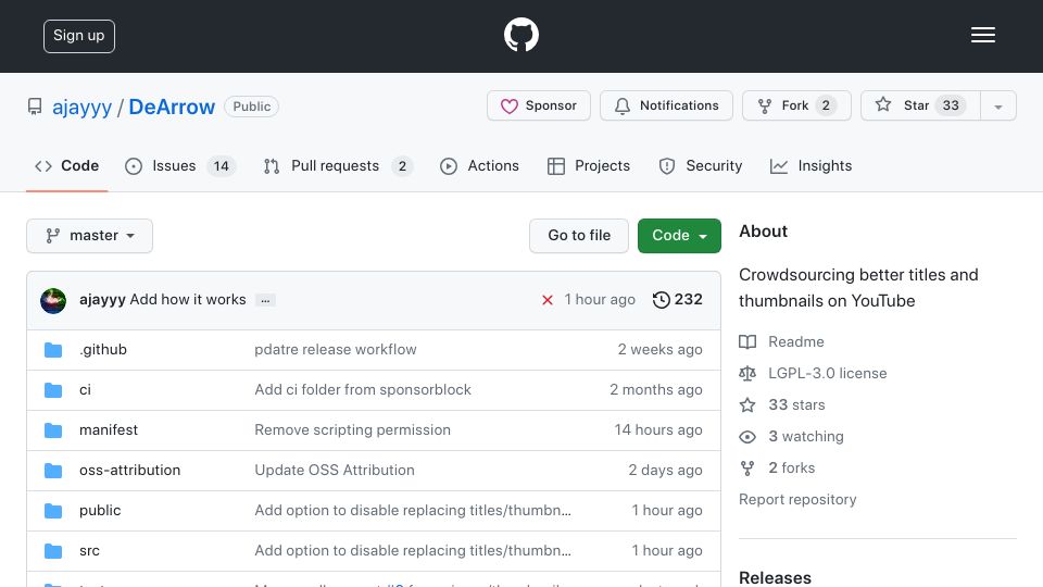 Screenshot of github.com: DeArrow: Crowdsourcing better titles and thumbnails on YouTube